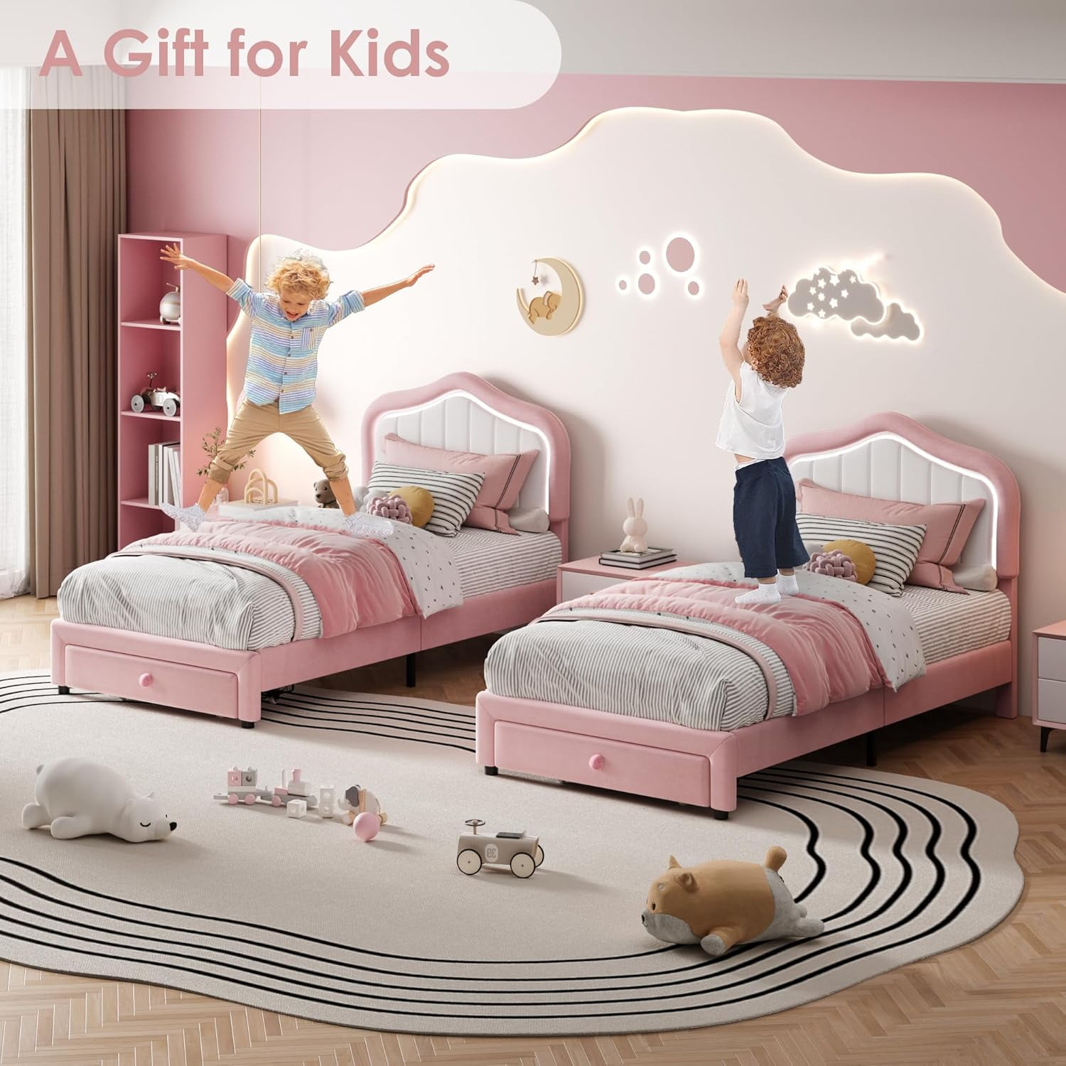Riedhoff 11.4 inch Twin Size Bed Frame for Girls, with Storage Drawer, LED Light, Pink