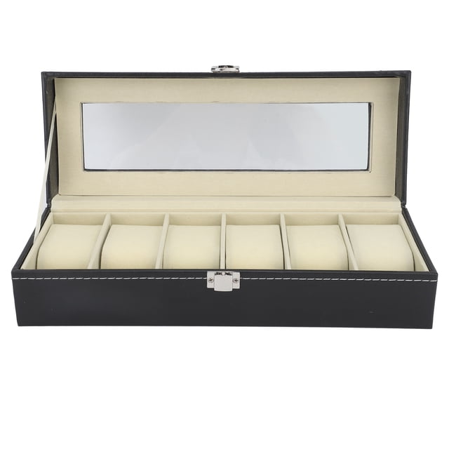 Caja de reloj de cuero PU con 6 ranuras, caja de almacenamiento de joyería con tapa transparente para el hogar