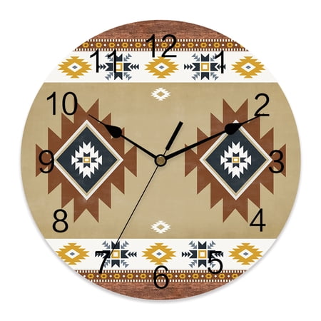 14 Inch Southwest Geometric Wall Clock, Bohemian Tribal Style Khaki Battery Operated Silent Non Ticking Clocks, Easy to Read Round Wall Clock for Kitchen/Living Room/Bedroom/Bathroom