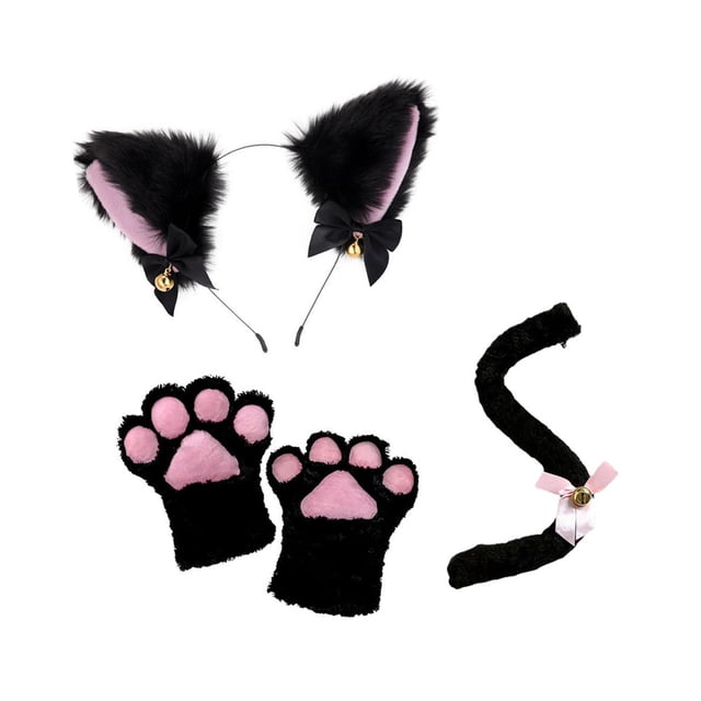 Cat Ear and Tail Paw Halloween Costume Accessories for Prom Holiday Birthday Black Without Tie