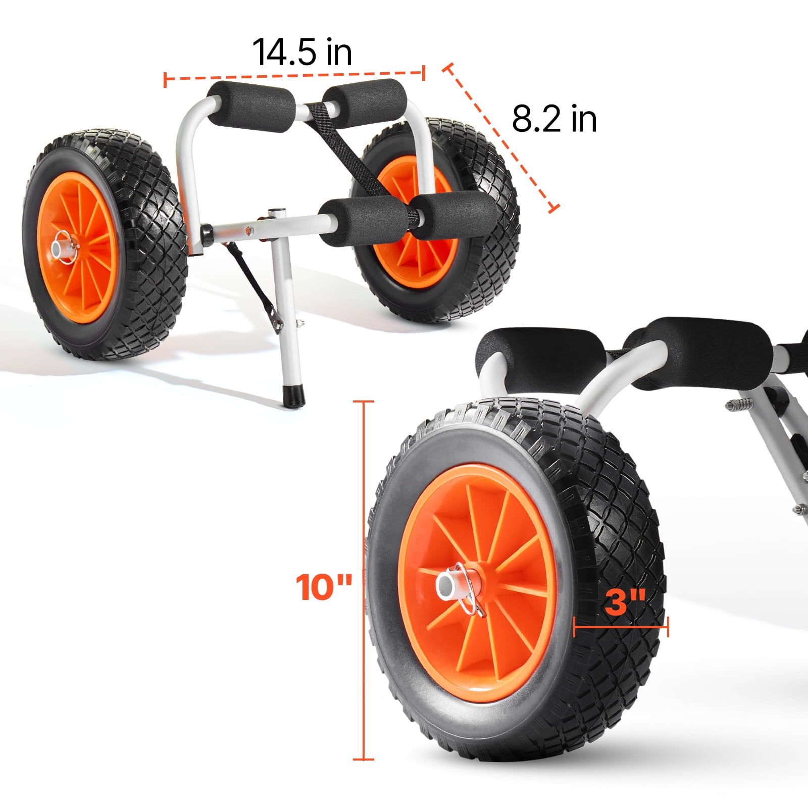 KFFKFF Foldable Kayak Cart with 200 lbs Capacity, Durable Trolley Featuring 10-inch Solid Rubber Tires and Ratchet Strap for Transporting Kayaks, Canoes, Paddleboards, Float Mats, and Small Boats
