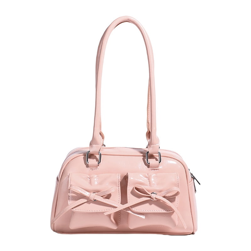 Baguery Y2k Ita Bag - Cute Bow Faux Leather Shoulder Tote, Japanese Aesthetic Red Handbag (11.81×3.94×6.69in)