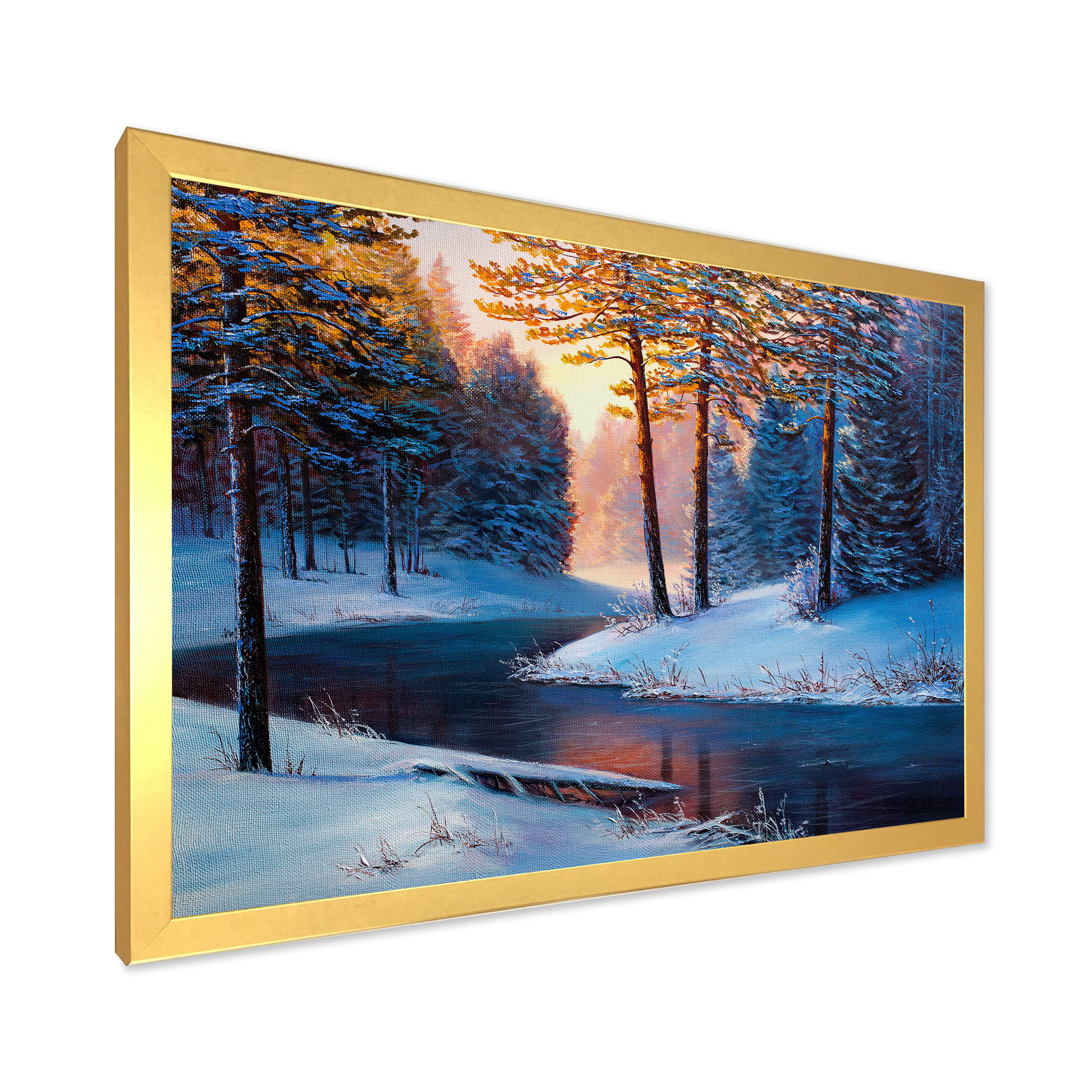 Designart 'Morning Glow Through The Christmas Forest By The River' Lake House Framed Art Print