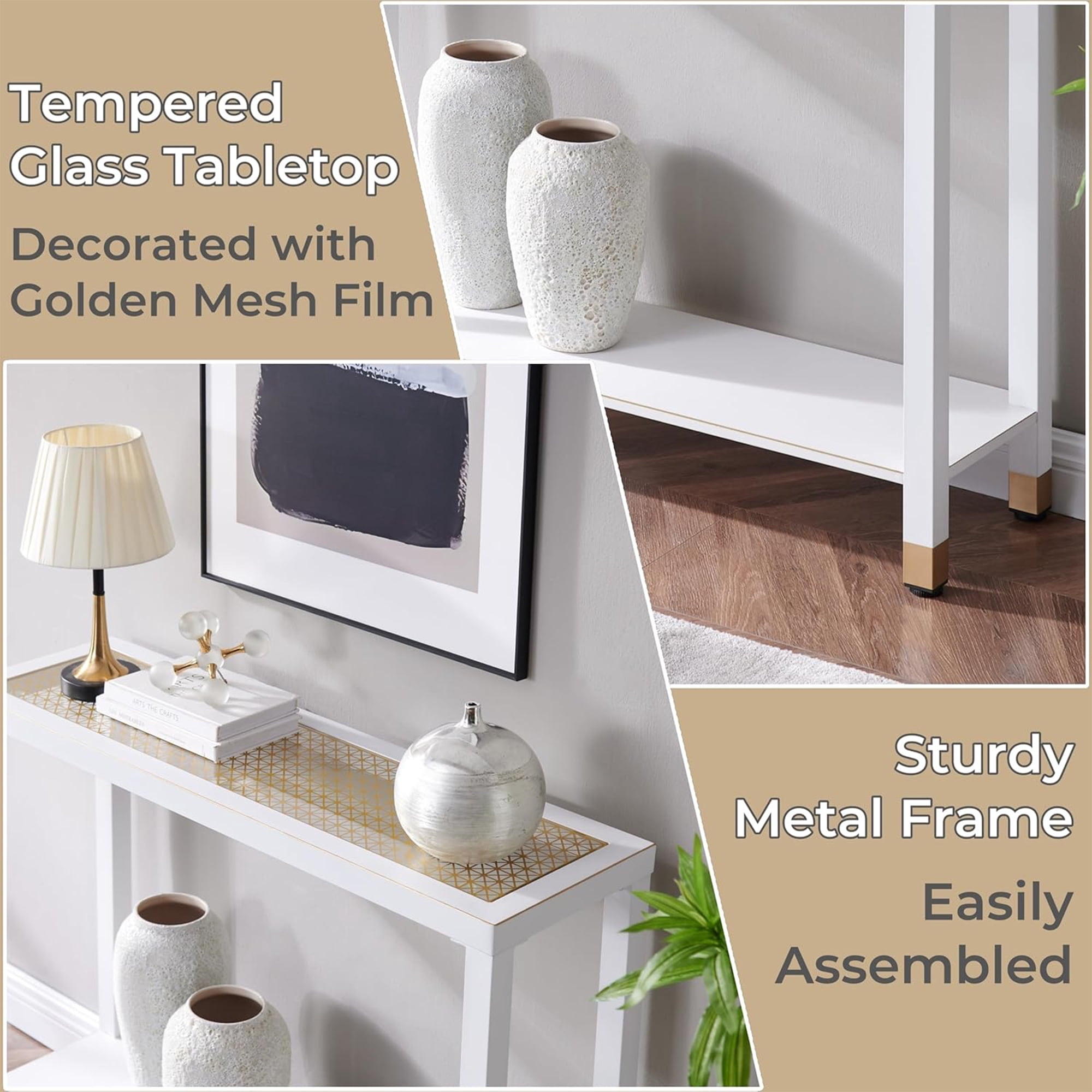 Leumius Glass Entryway Table, 2-Tier Entry Way Console Entrance Table, 41"L Narrow Sofa Table with Shelves for Hallway, Entryway, Living Room, Foyer, Corridor and Office White