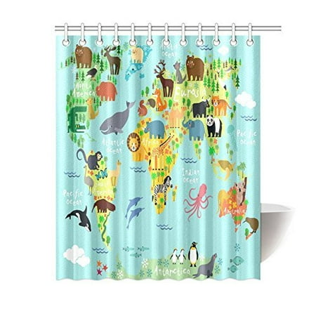 Gckg Children Kids Shower Curtain Decor Animal Map Of The World
