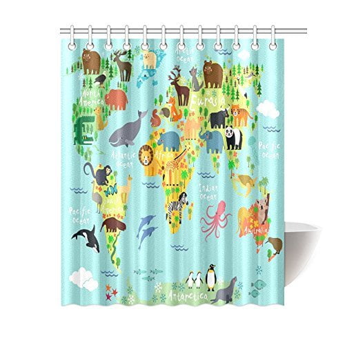 Mypop Children Kids Shower Curtain Decor Animal Map Of The World For And Cartoon Ocean Mountains Forests Fabric Bathroom Set With Hooks 60 X 72 Inches Green Yellow Blue Mypop Children Kids Shower Curtain, Childrens Shower Curtains Fabric