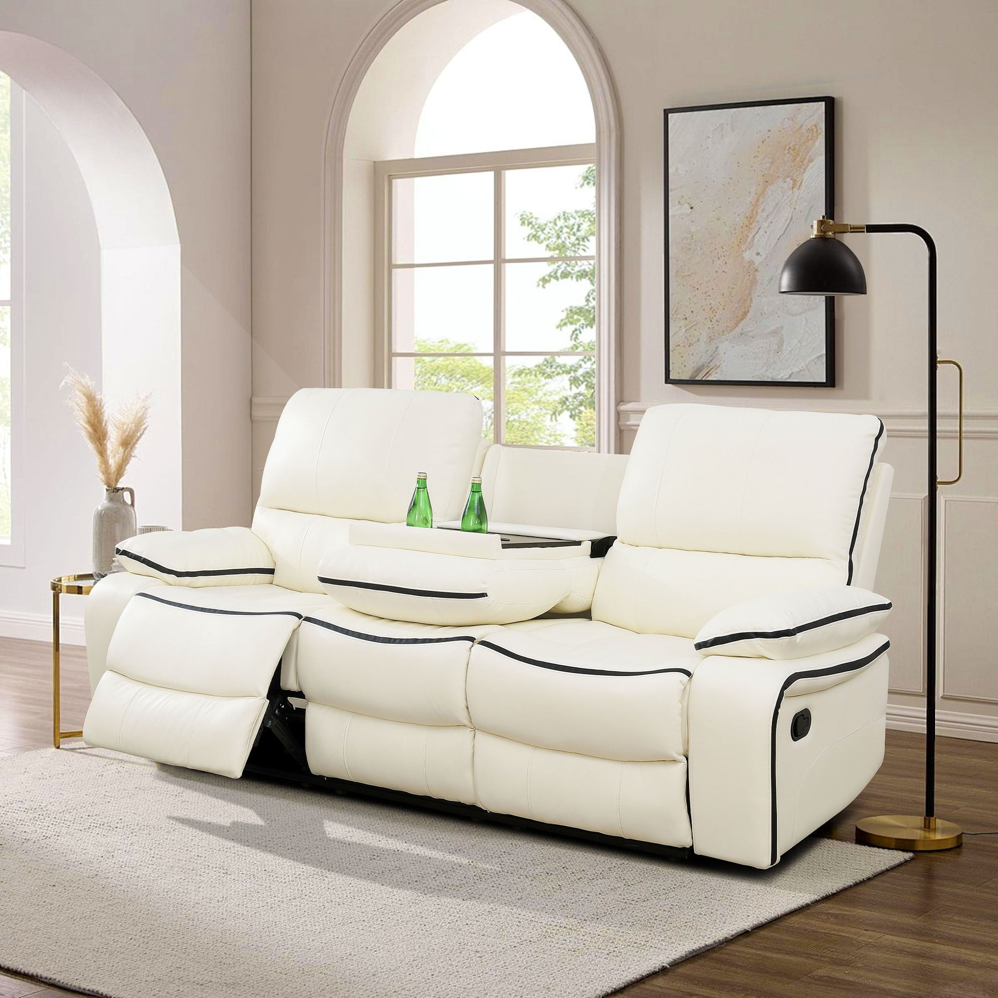 Gewnee 3-Seat Smart Sofa, Air Leather & Solid Wood Frame, Flip-Up Center Seat with Cup Holder, Adjustable Recline for Living Room, Off-white
