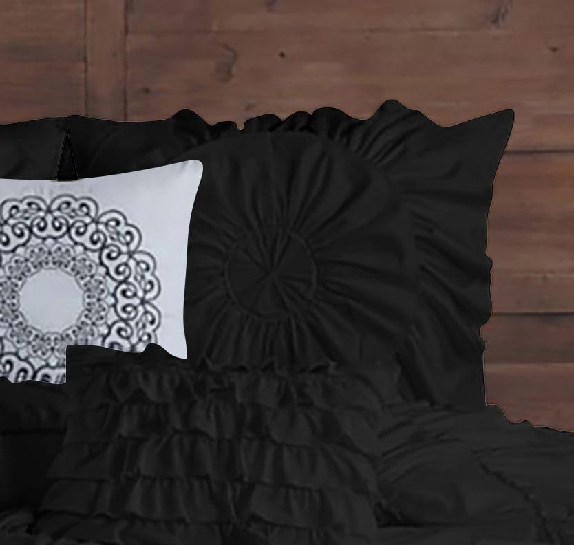 D.N.G. BEDDINGS 100% Egyptian Cotton 3 Piece Circle Ruffle Comforter Set with 1 Freebie Ruffle Pillow | 550 GSM Filled Microfiber - Oversized Super King Size, Black Color - 800 Thread Count