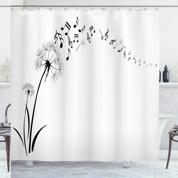 MelodyMeadow Shower Curtain Set - Dandelion Notes Design, Black & White, 69x75