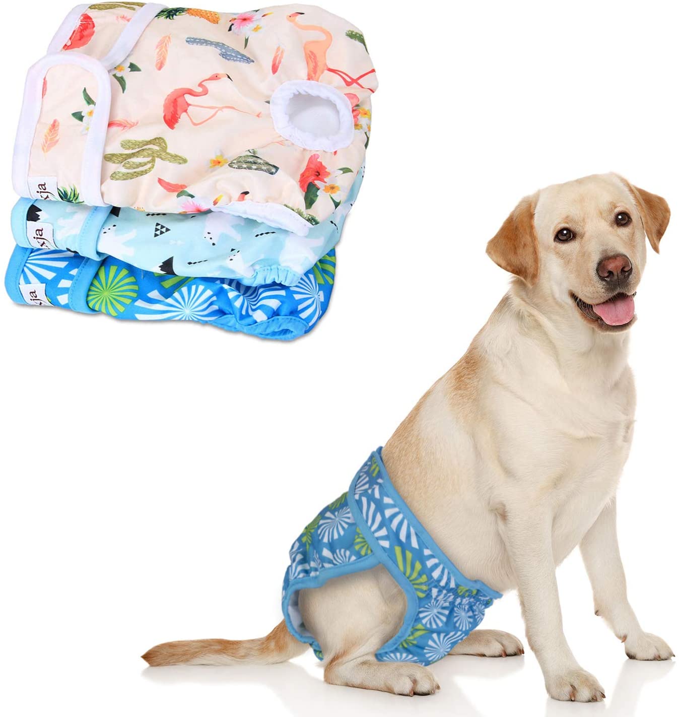 Bmatwk Reusable Female Dog Diapers (Pack of 3), Washable Wraps for Female Dog (Flamingos+Polar