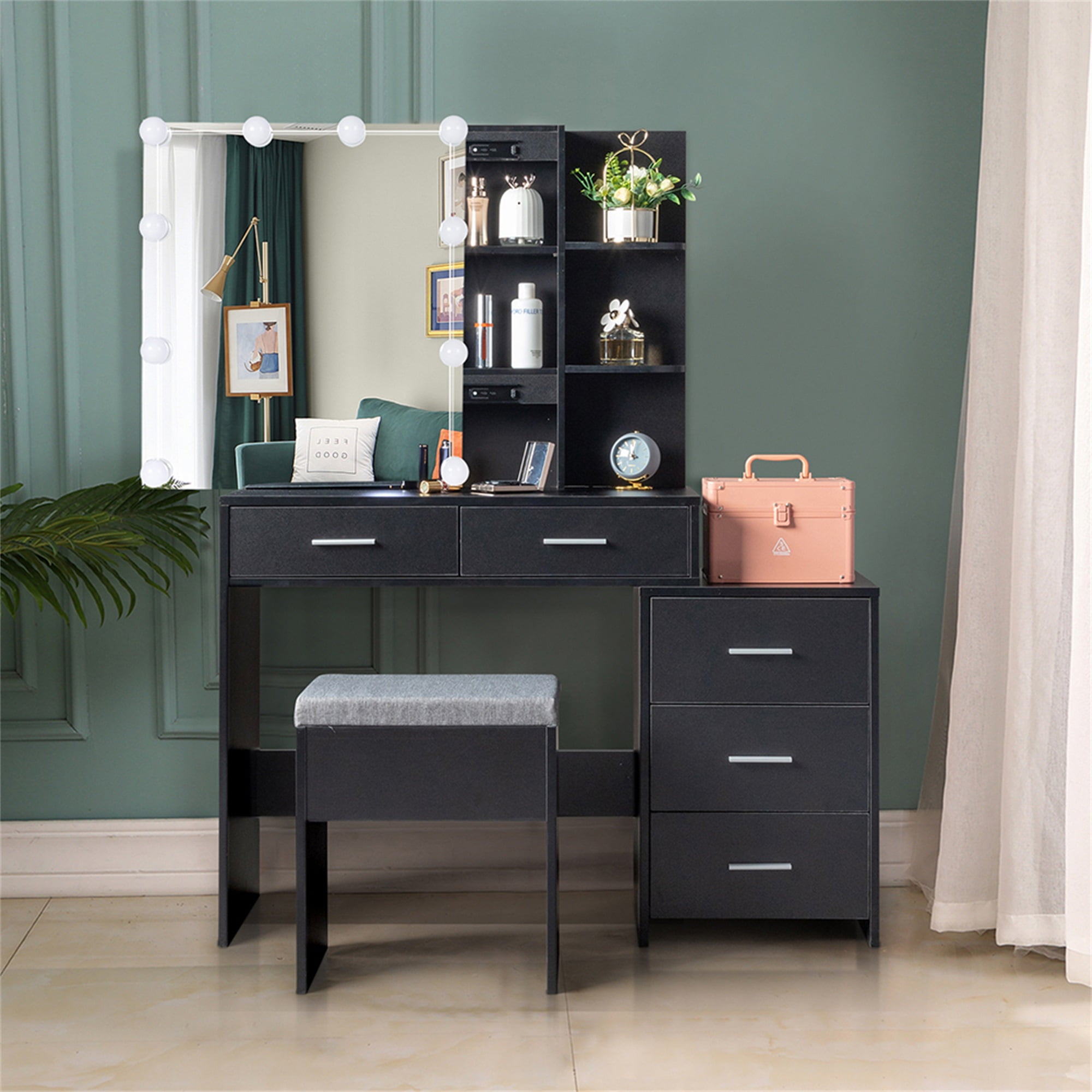 Kadyn Makeup Vanity Table, Vanity Table and Chair Set with 5 Pumps 2 Shelves, Black