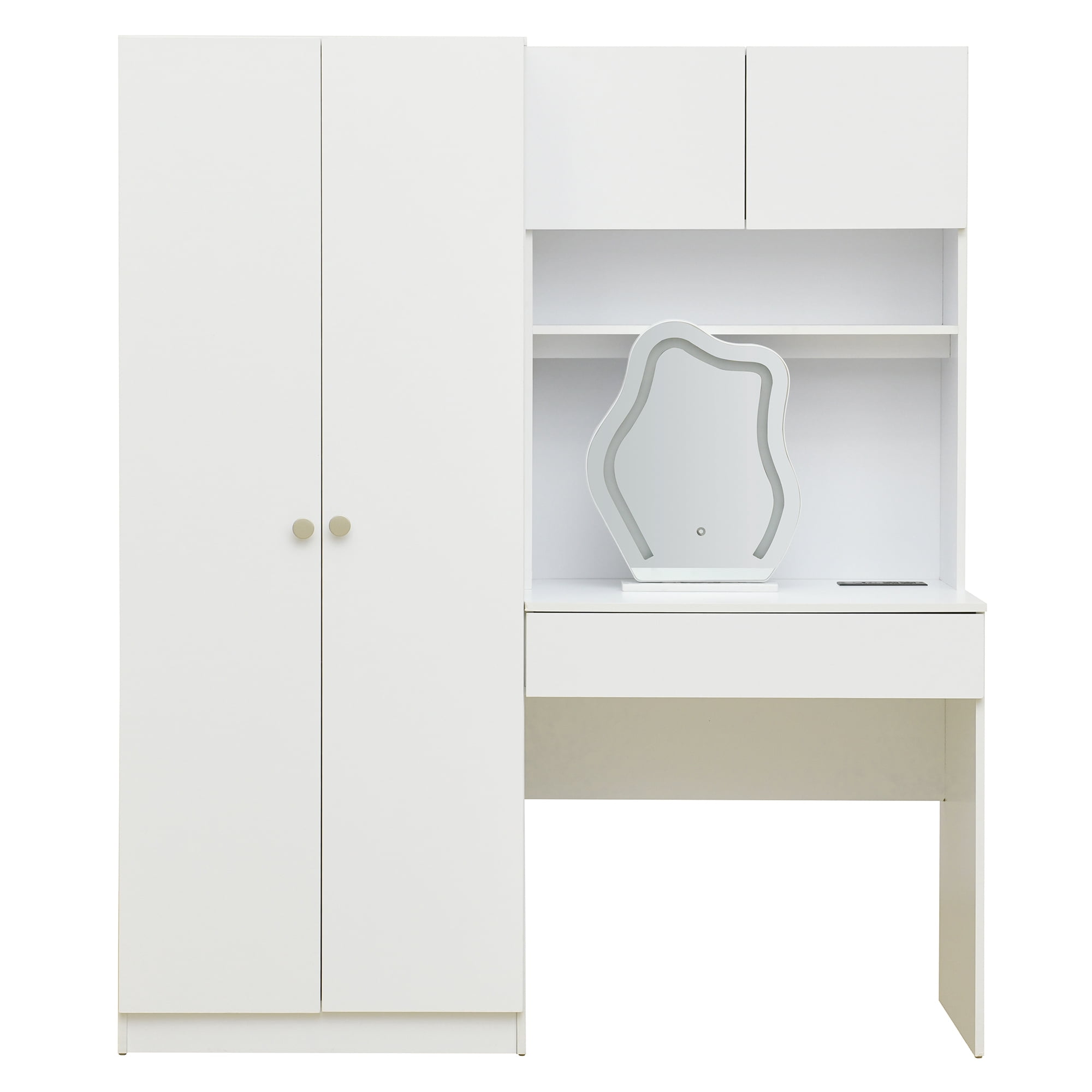 2-Door Wooden Storage Vanity Wardrobe for Bedroom with Makeup Mirror and Drawers