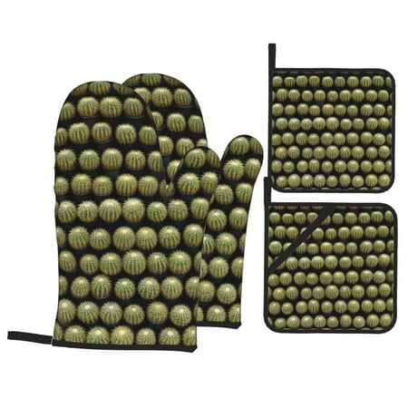 

Oven Mitts and Pot Holders 4 pcs Set Cactus Farmland Heat Resistant Pot Holders Oven Mitts for kitchen Non-Slip Hanging Loop Oven Glove Potholders for Baking Cooking