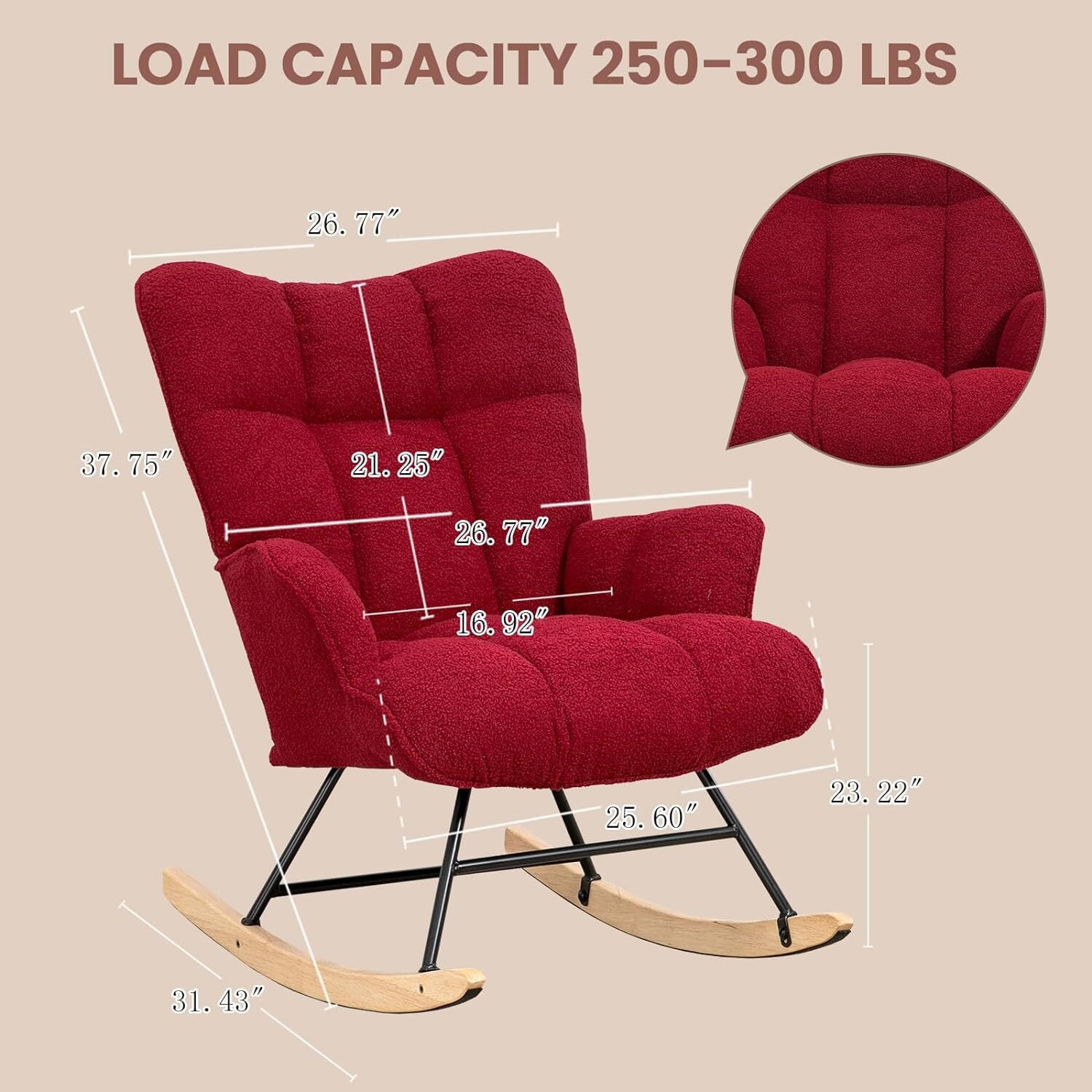 Nursery Rocking Chair Teddy, Upholstered Glider Rocker with High Backrest, Comfortable Stylish Accent Armchair with Padded Seat for Living Rooms, Bedrooms, Offices, Burgundy
