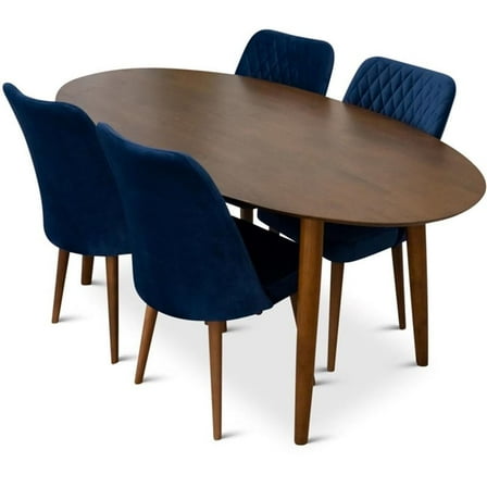 Riley Modern Solid Wood Walnut Dining Table and 4 Chair Set
