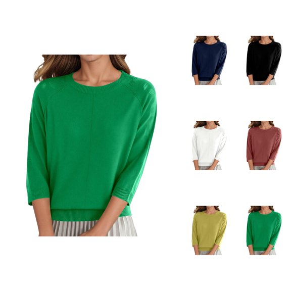 Casual Solid Color Knit Pullover Sweater Round Neck Three Quarter Sleeve Soft Comfortable Lightweight