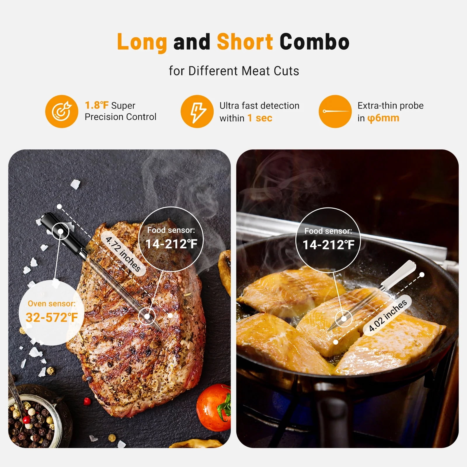 INKBIRD 5GHz & 2.4GHz WiFi Wireless Meat Thermometer with 2 Size-Coded Probes and Unlimited Range,Bluetooth 5.4 Thermometer with 360° Readable LCD-Enhanced Booster,White