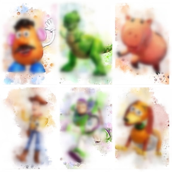 Toy Anime Story Watercolor Posters - Set of 6 (8" x 10") Cartoon Wall Art Game Room Decor For Kids - Nursery, Bathroom, Playroom Decor (UNFRAMED)