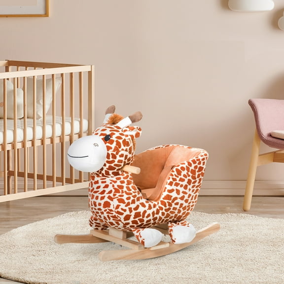 Qaba Plush Rocking Horse Giraffe Ride-On Toy with Sound - Brown Wood & Polyester - Ages 18 Months , Smooth Rocking, Huggable Plush Body, Indoor Play