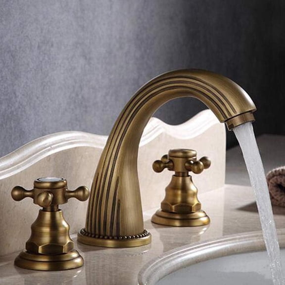 Bathroom Sink Faucet 3 Hole Antique Brass Faucet Split Hot and Cold Bathroom Faucet for Sink-A