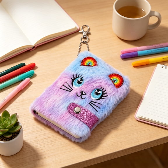 Kawaii Cat Plush Notebook Mini Journal, Fluffy Diary with Keychain for Girls S*chool and Travel, Cute Animal Cover Portable Writing Pad for Backpack, Sweet Gift for K*ids and Students
