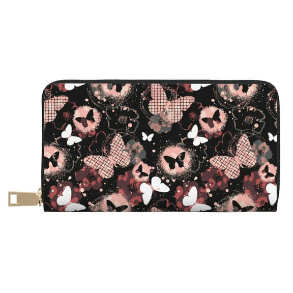 Leather Thin Slim Wallets for Women Men - Butterflies1 Clutch Card Wallet for Women Men with Zipper