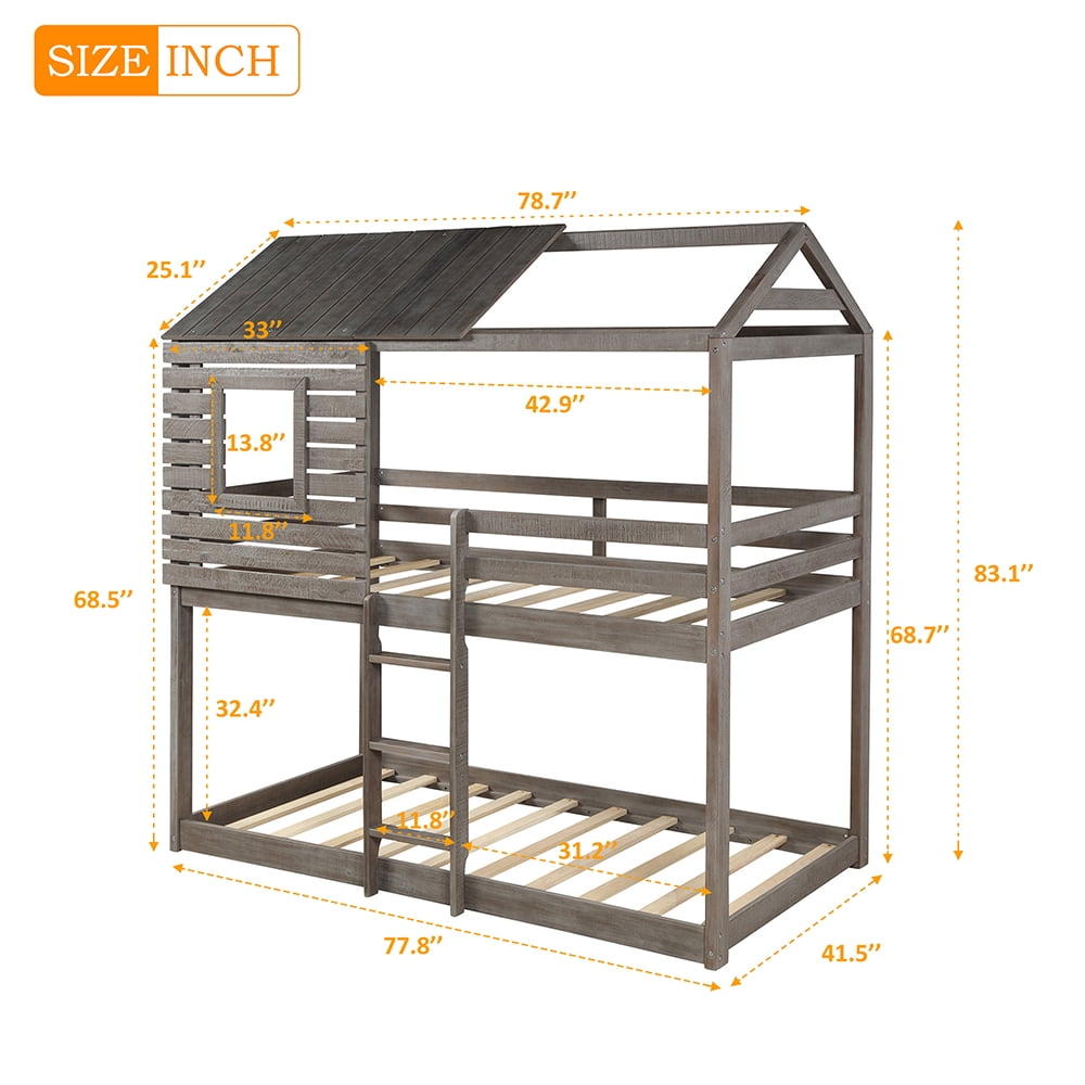 Kepooman Twin Over Twin Wood Bunk Bed with Roof & Window & Guardrail & Ladder for Kids, 77.8"L x 41"W x 83.1"H, Antique Gray Kepooman Twin Over Twin Wood Bunk Bed with Roof & Window & Guardrail & Ladder for Kids, 77.8"L x 41"W x 83.1"H, Antique Gray