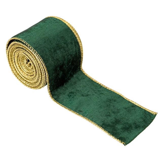 TopLLC Christmas Ribbon Wired 2.5 inch x5 Yards Green Velvet Fabric Wired Ribbon with Gold Border Edge. The ribbon features a soft green velvet texture with sewn wire edges and a gold border, ideal for Christmas tree decorations, gift wrapping, craft bows, and wreath embellishments. Its wired design allows for easy shaping and trimming, making it suitable for DIY holiday decor projects.