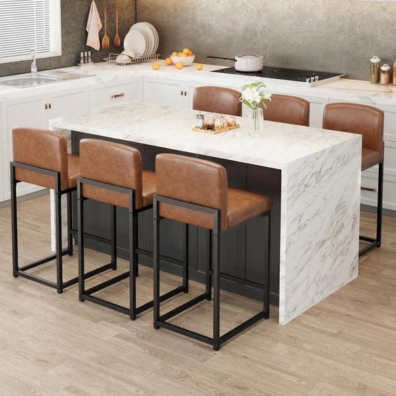 Bar Stools Set of 6, Modern Counter Height Bar Stools with Back and Footrest, Faux Leather Upholstered Barstools Chairs for Kitchen Island Dining Room Bar, Brown