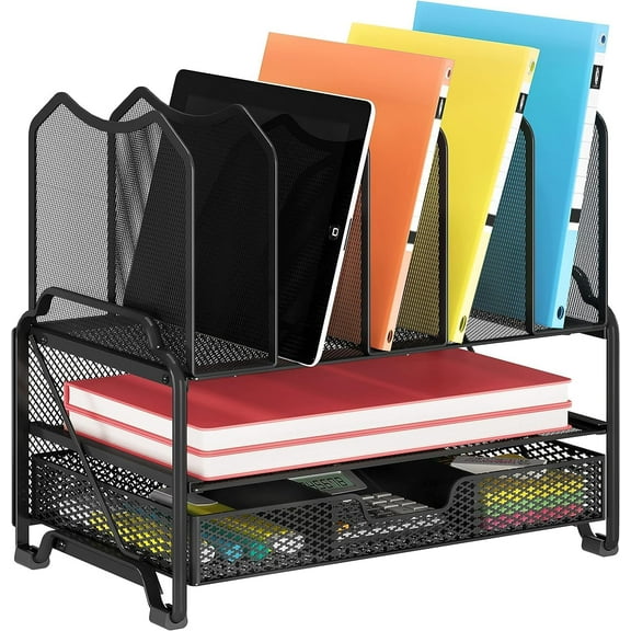 Mesh Desk File Organizer, Office Supplies Desktop Storage with Sliding Drawer, Double Tray and 5 Upright Section Sorter Organizer, Black