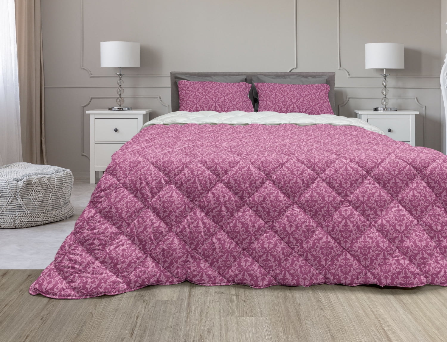 Pink Damask Comforter & Sham Bedding Set, Monochrome Floral Inspired