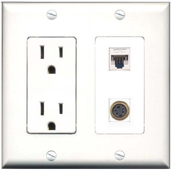 RiteAV - 15 Amp Power Outlet and 1 Port S-Video and 1 Port Cat5e Ethernet White Decorative Type Wall Plate White
