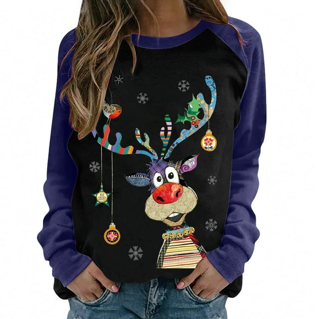 2023 Chandail en Molleton de Noël pour Femmes en Liquidation Col Rond Mode Décontractée Manches Longues Imprimé de Noël Chandail en Molleton Blouse