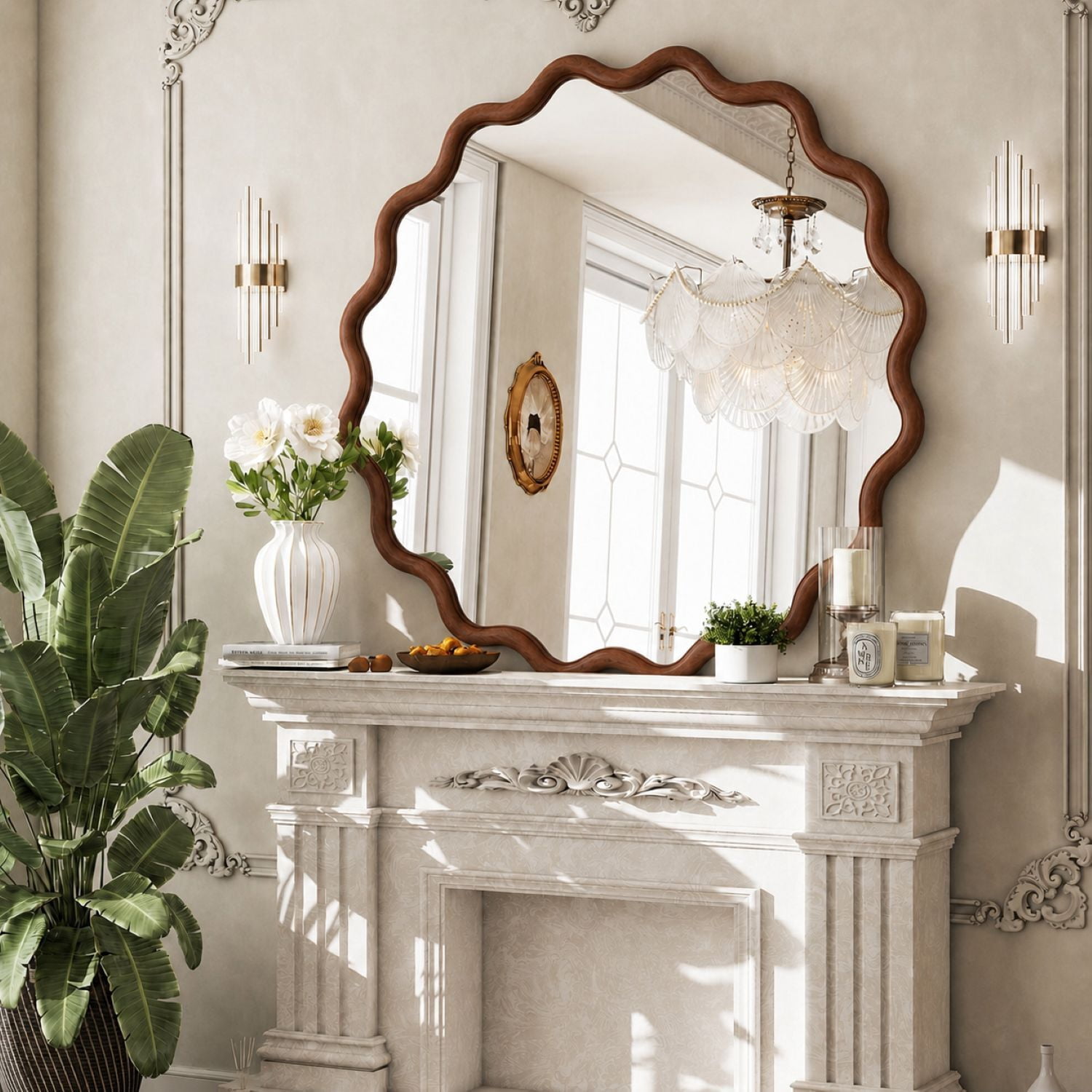 Easy4Home 30" x 30" Wavy Round Bathroom Mirror Wall Decor with Wooden Frame, Walnut