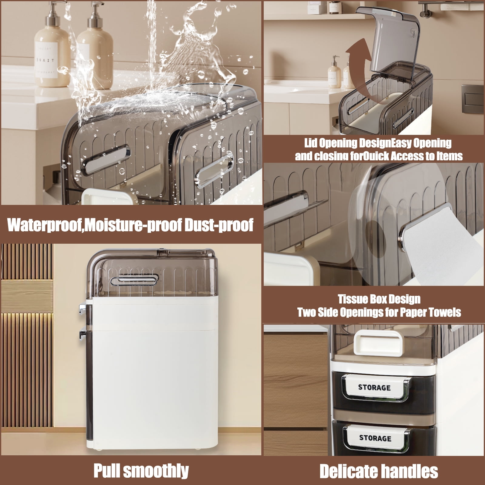 3 Tier Standing Storage Cabinet with Drawers and Removable Rollers, Slim Bathroom Storage Cabinet, Large Capacity Design, Narrow Toilet Paper Cabinet for Tight Spaces, White