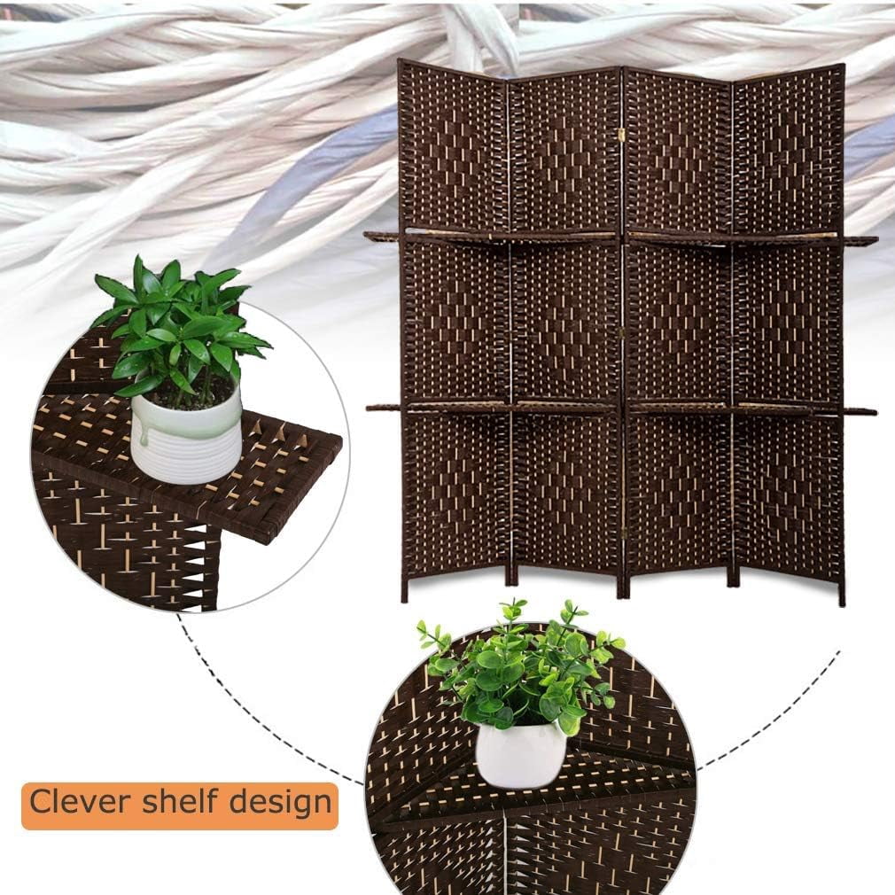 XF XINFENG 6 ft Wood 4-Panel Room Divider and Folding Privacy Screen with 2 Tier Display Shelves, Decorative Screen Freestanding Office Temporary Wall Divider Diamond Room Partition, Brown