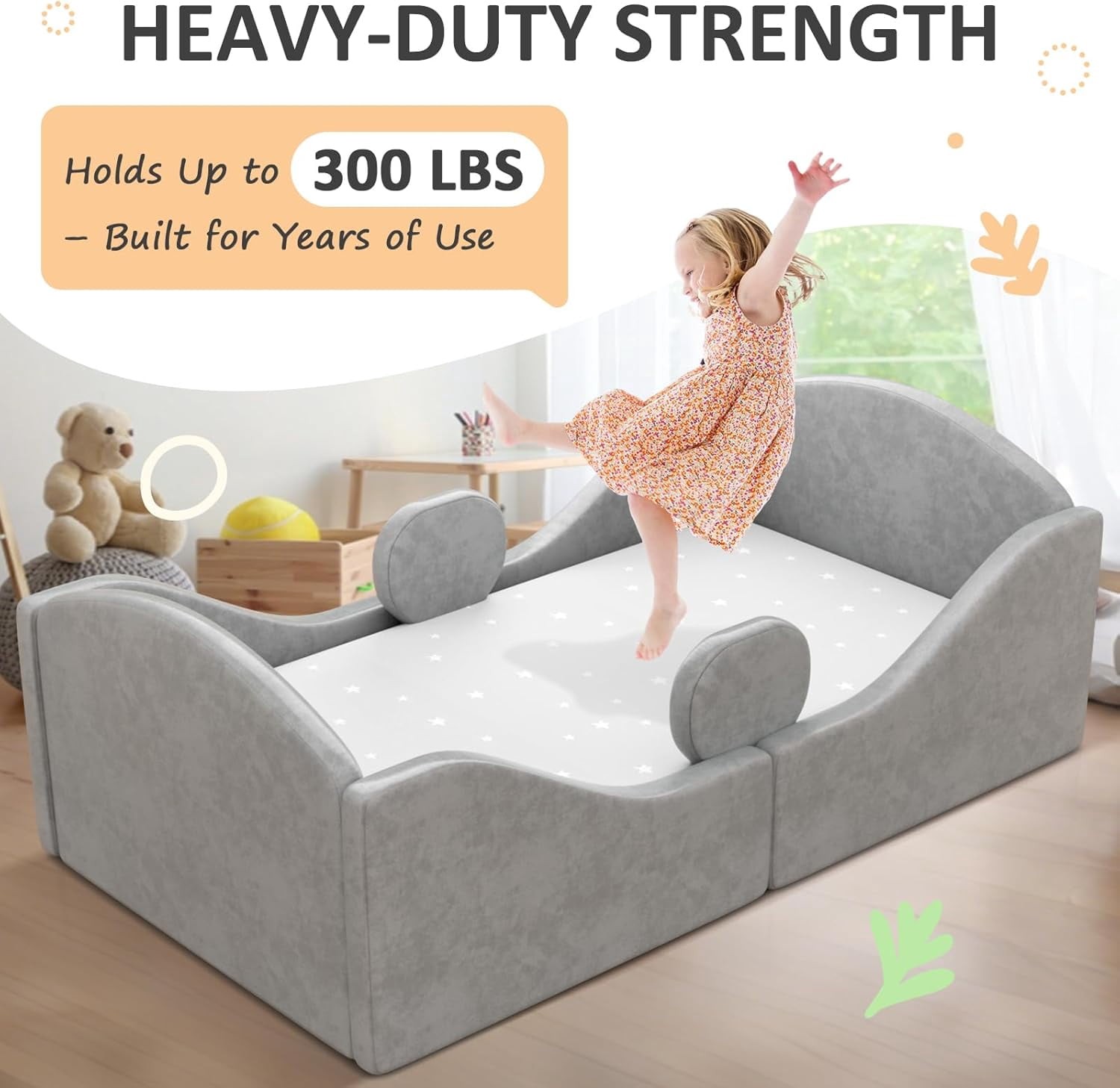 Toddler floor bed with removable safety rails, suitable for both boys and girls, standard crib size, soft-padded safety mattress, low-profile design (Grey).