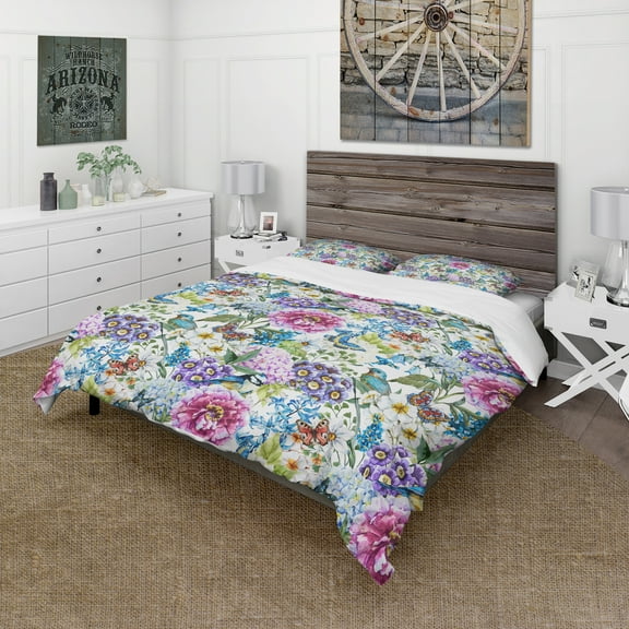 Designart 'Blue Bird And Blue and Purple Blossoming Flowers' Floral Duvet Cover Set