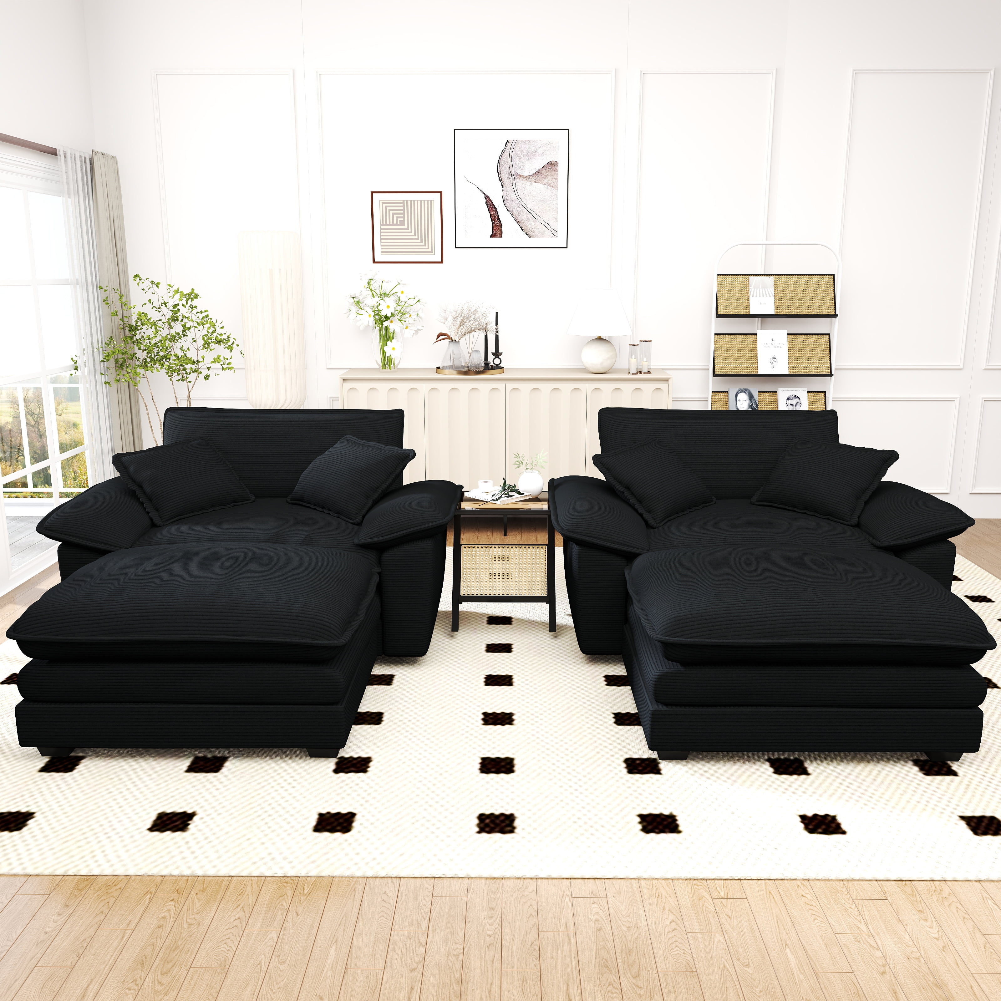 Lunale Oversized Lounge Chair & Ottoman Set - 48" Cloud Corduroy Accent Armchair for Modern Living/Bedroom, Black Corduroy