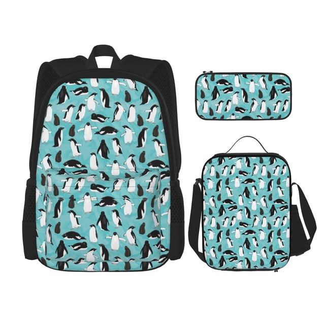 Easygdp Penguins Mochila para Niños y Niñas con Set de Caja de Almuerzo y Estuche para Lápices 3 en 1, Mochila Escolar Estampada para Adolescentes