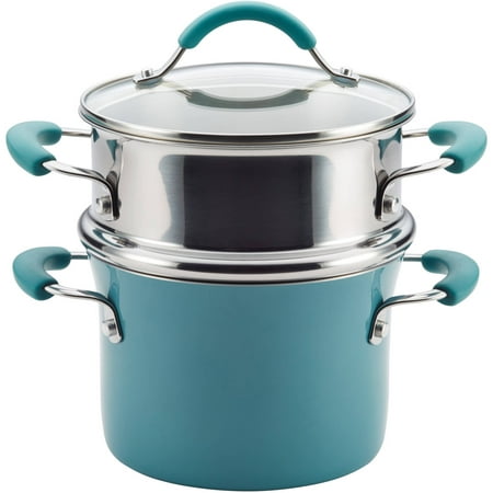 Rachael Ray Cucina Hard Porcelain Enamel Nonstick 3-Qt Covered Multi-Pot Set with Steamer, Agave Blue