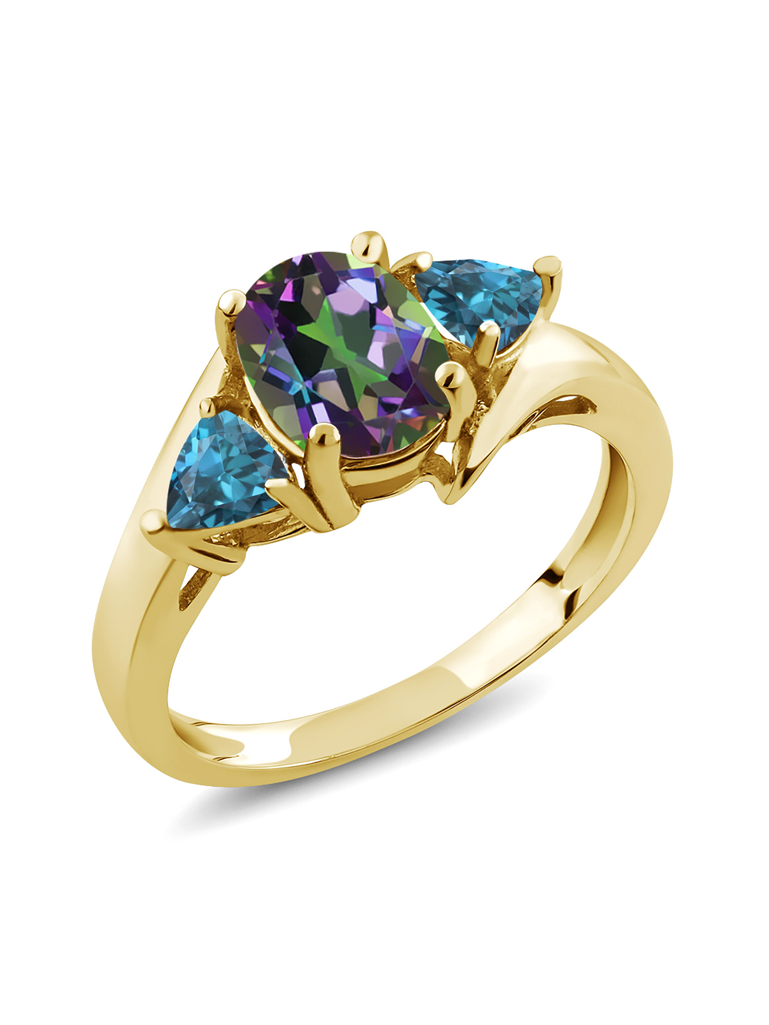 Gem Stone King 2 12 Ct 8x6mm Oval Green Mystic Topaz London Blue Topaz 18k Yellow Gold Plated Silver Ring Walmart Com