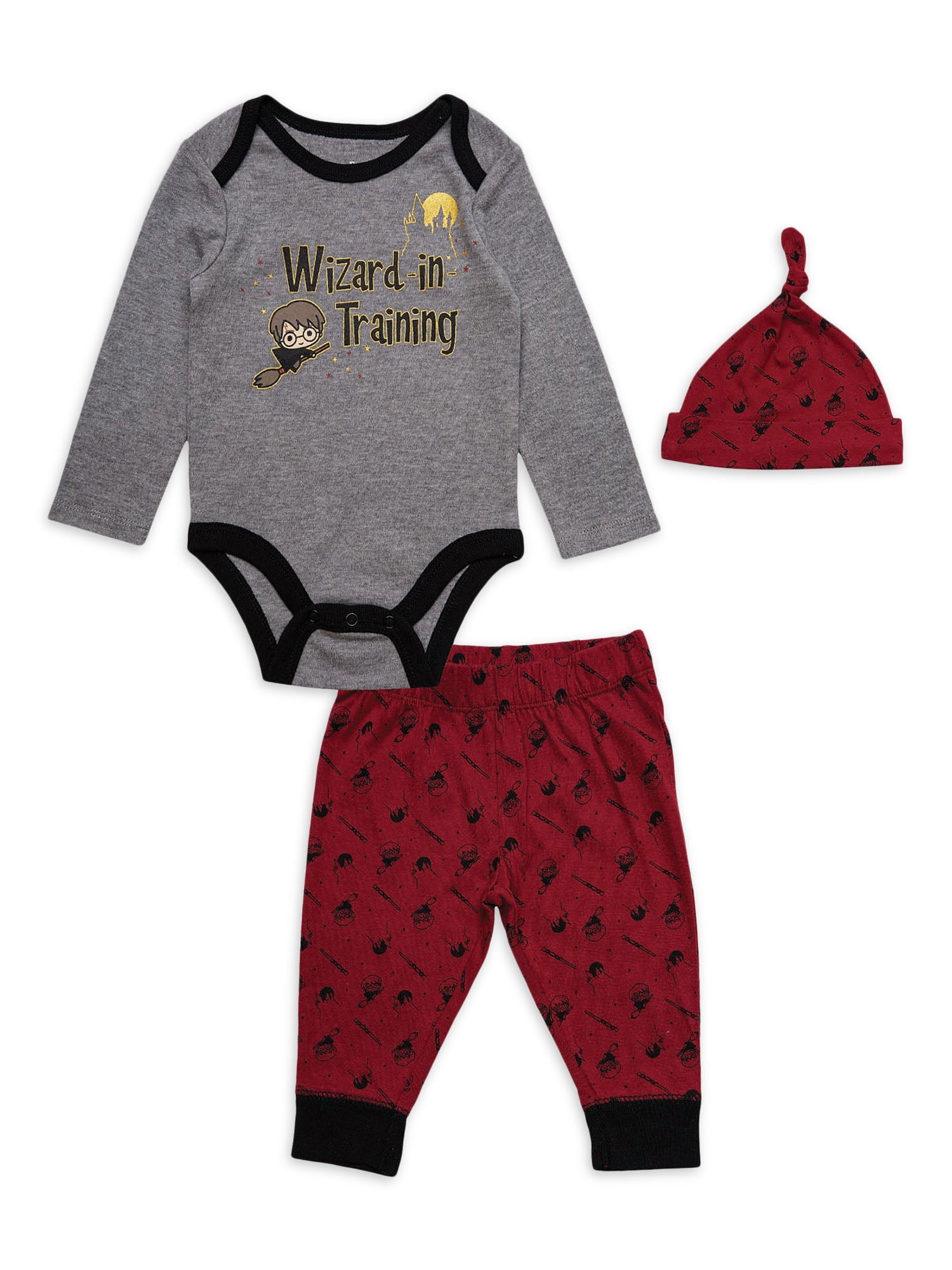 Harry Potter Baby Boy Outfit, Bodysuit, Pant and Hat, 3pc Set