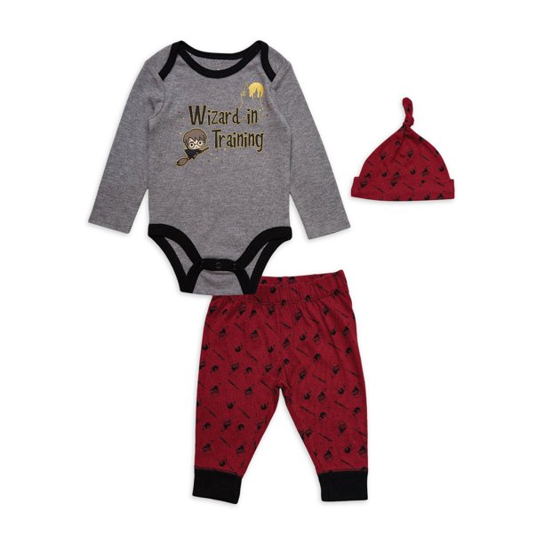 Harry Potter Baby Boy Outfit, Bodysuit, Pant and Hat, 3pc Set
