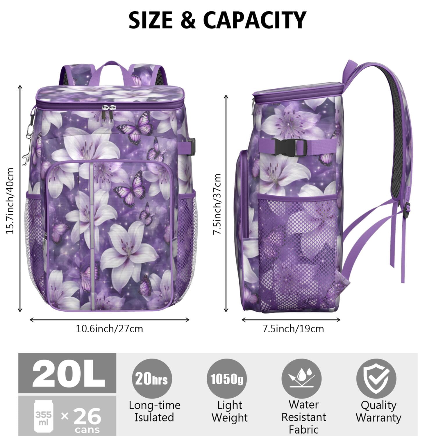Travel Cooler Bag - Purple Butterflies and Lilies Camping Beer Cooler Backpack with Bottle Opener- Waterproof Insulated Picnic Backpacks - Cooler Bag for Beach