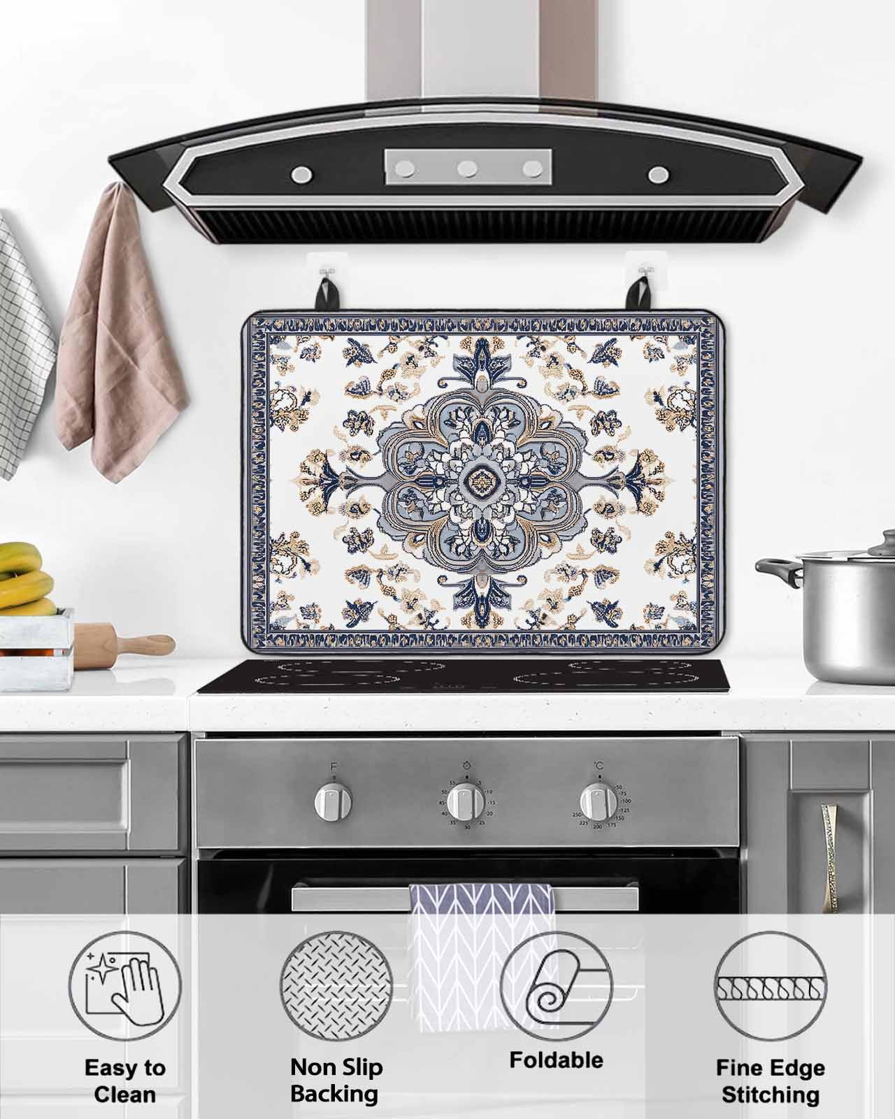 nqOlkjepod Large Induction Cooktop Protector Mat 24"x21", Retro Boho Stove Top Covers for Electric Stove, Aztec Tribe Ethnic Abstract Neutral Aesthetic Stove Burner Cover Mats, Glass Top Stove Cover