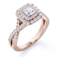 thumbnail image 1 of Elegante Anillo de Compromiso de Oro Rosa de 10 K con Banda Retorcida, Doble Halo y Diamante de Talla Cuadrada de 1 Quilate, 1 of 6