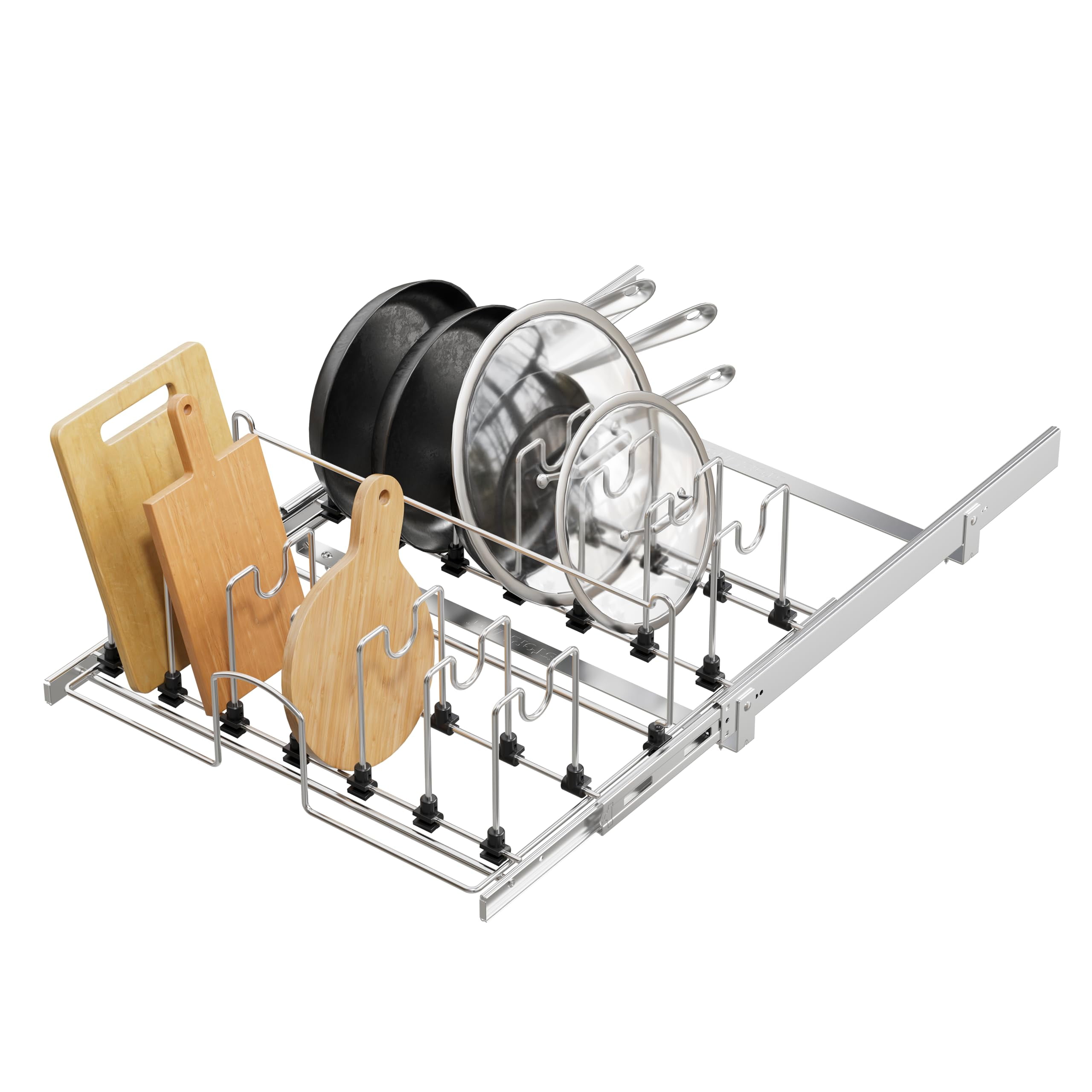 STORKING Adjustable Pull-Out Pots and Pans Organizer, 20"W x 22"D Full-Extension Rail, Chrome Plated with 15 Dividers for Under Cabinet