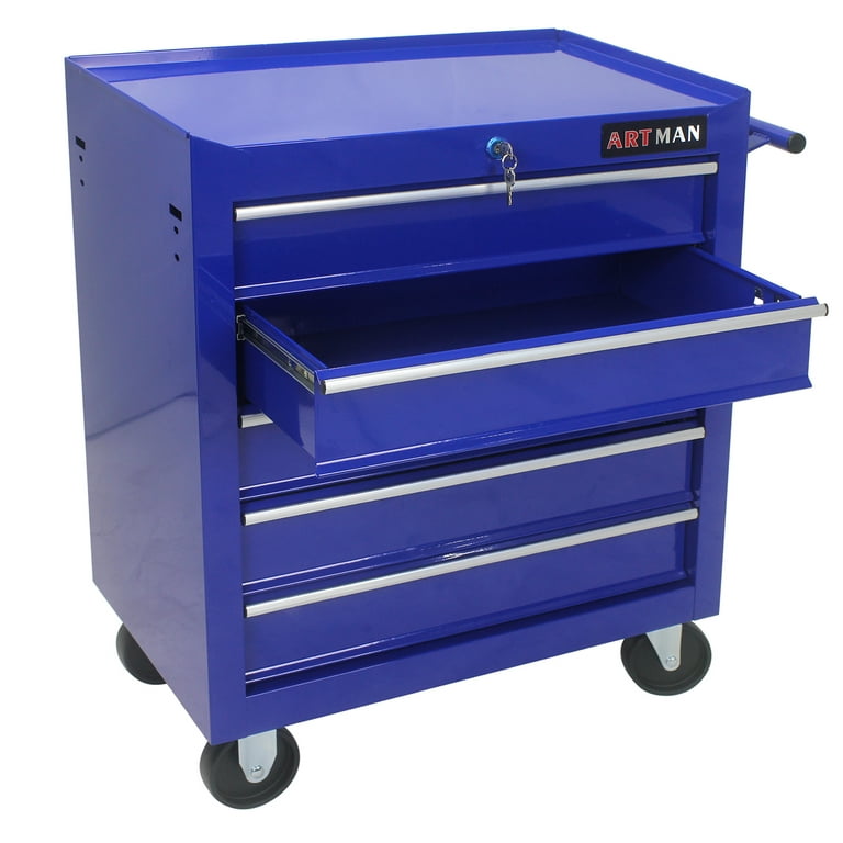 Seizeen New Rolling Tool Box 5-Drawers, Metal Tool Chest Garage Storage Cabinet, 30''H Large Tool Organizer On Wheels Lockable, Blue, Size: 20, Black