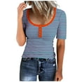 thumbnail image 1 of Camisetas de Manga Corta para las Mujeres Rayas Impreso Botón Arriba Tee, Cuello Redondo Casual Tops de Algodón para las Mujeres, 1 of 4